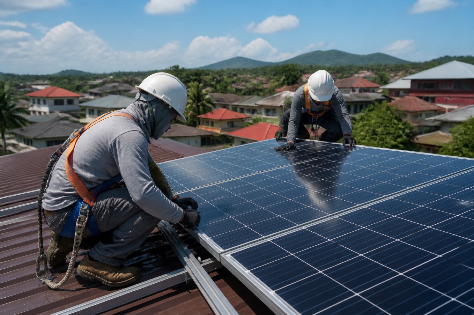 Two installers fitting solar panels on a house roof above a tropical neighbourhood
